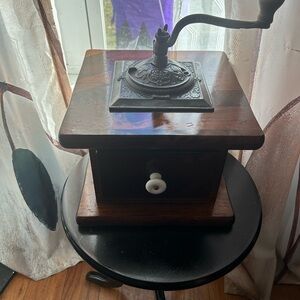 Antique Cast Iron Dark Wood Coffee Grinder with Lower Drawer